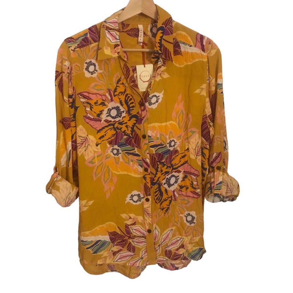 NWOT Raga Women's Roll Tab Long Sleeves Buttons Up Floral Tunic Blouse Size S